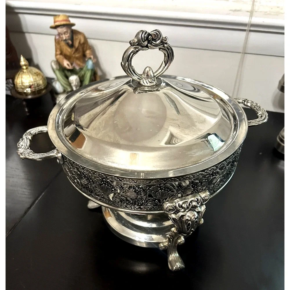 Vintage Silver Plated Chafing Dish 2 Qt Candle Warmer Ornate Serving Dish